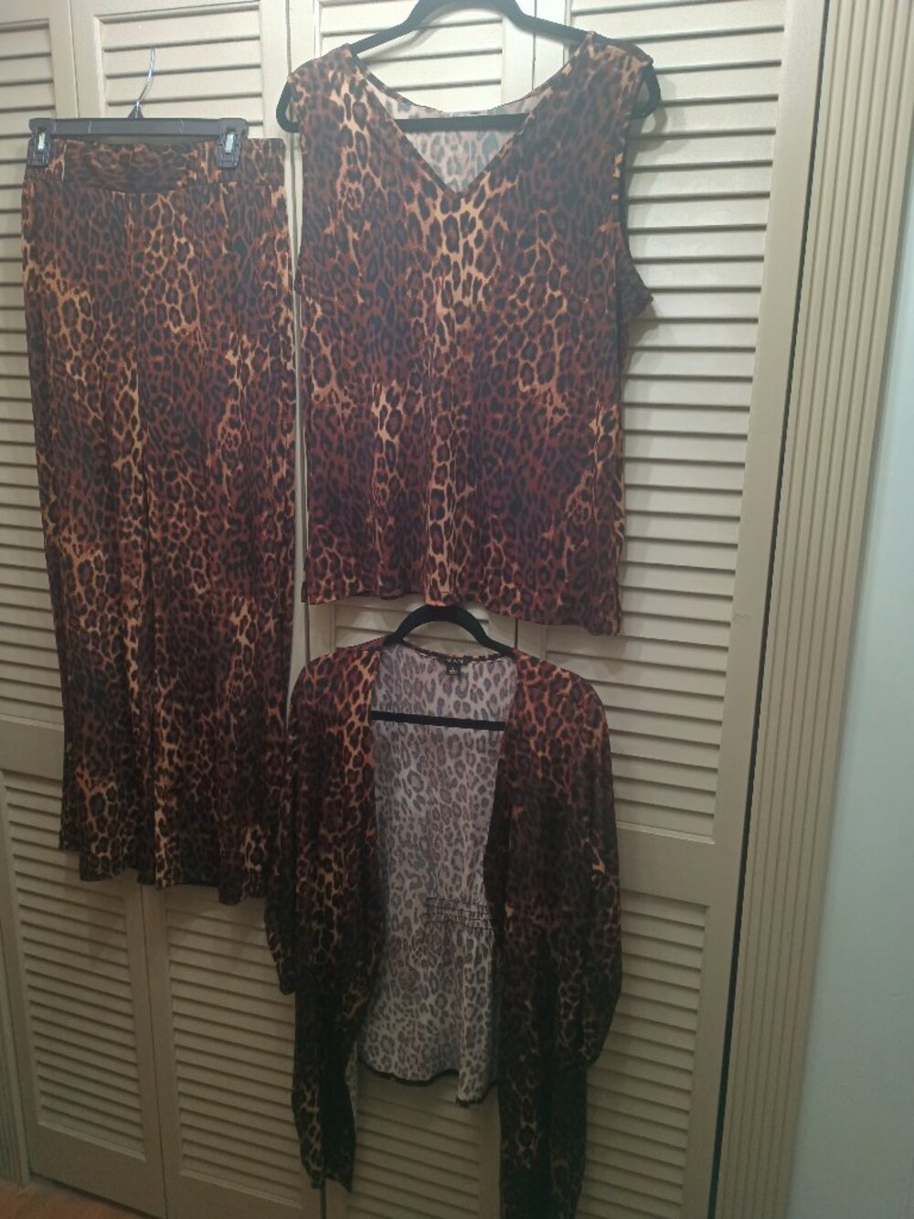 Iman 3 Piece Black/ Brown Leopard Print Pull-on Pants, tank top & Cover up Set L